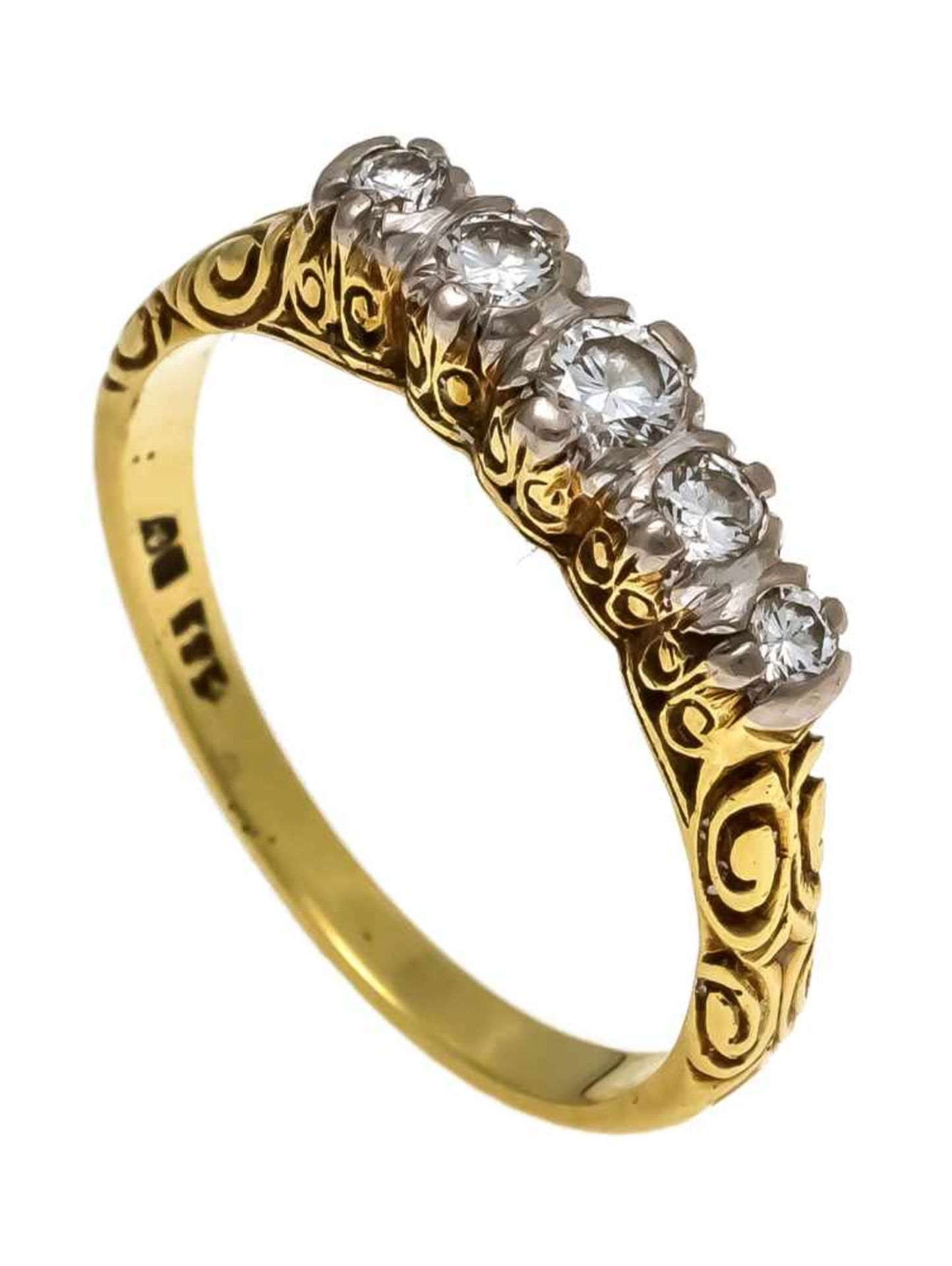 Art Déco Altschliff-Diamant-Ring GG/WG 585/000 mit 5 Altschliff-Diamanten, zus. 0,25 ct W/VS-SI,