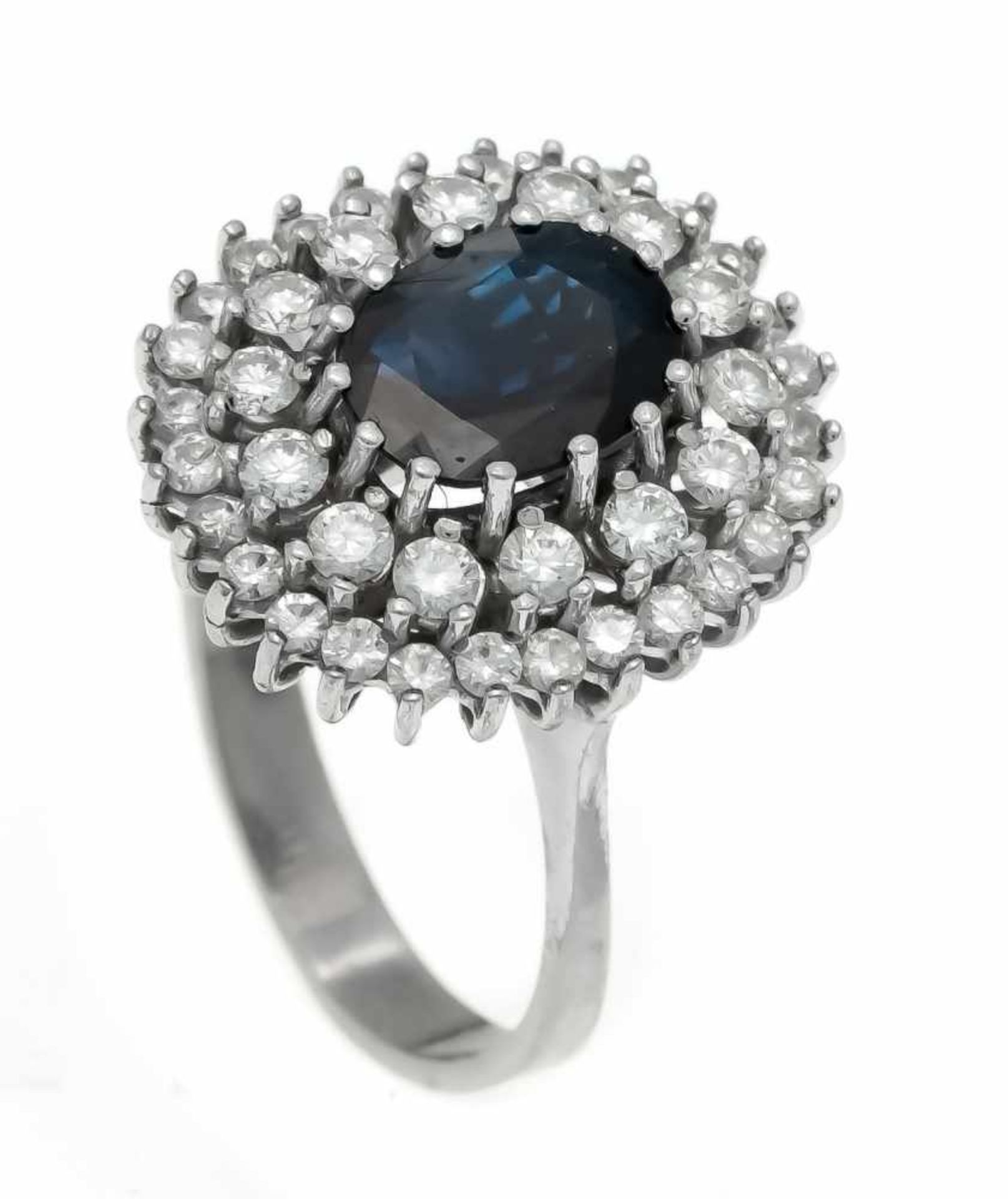 Saphir-Brillant-Ring WG 585/000 mit einem oval fac. Saphir 8,8 x 6,0 mm in einem Dunkelblau und 42