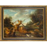 Frans Snyders (1579-1657) (attrib.), ''Hirschhatz'', ein Hirsch, der in einen Fluß geflüchtet ist,