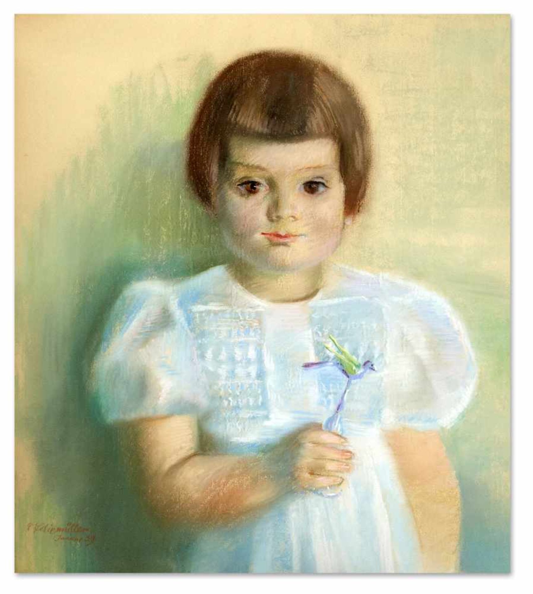 Conrad Felixmüller (1897-1977), Bildnis eines Mädchens mit Spielzeugvogel, 1939, Farbkreide/