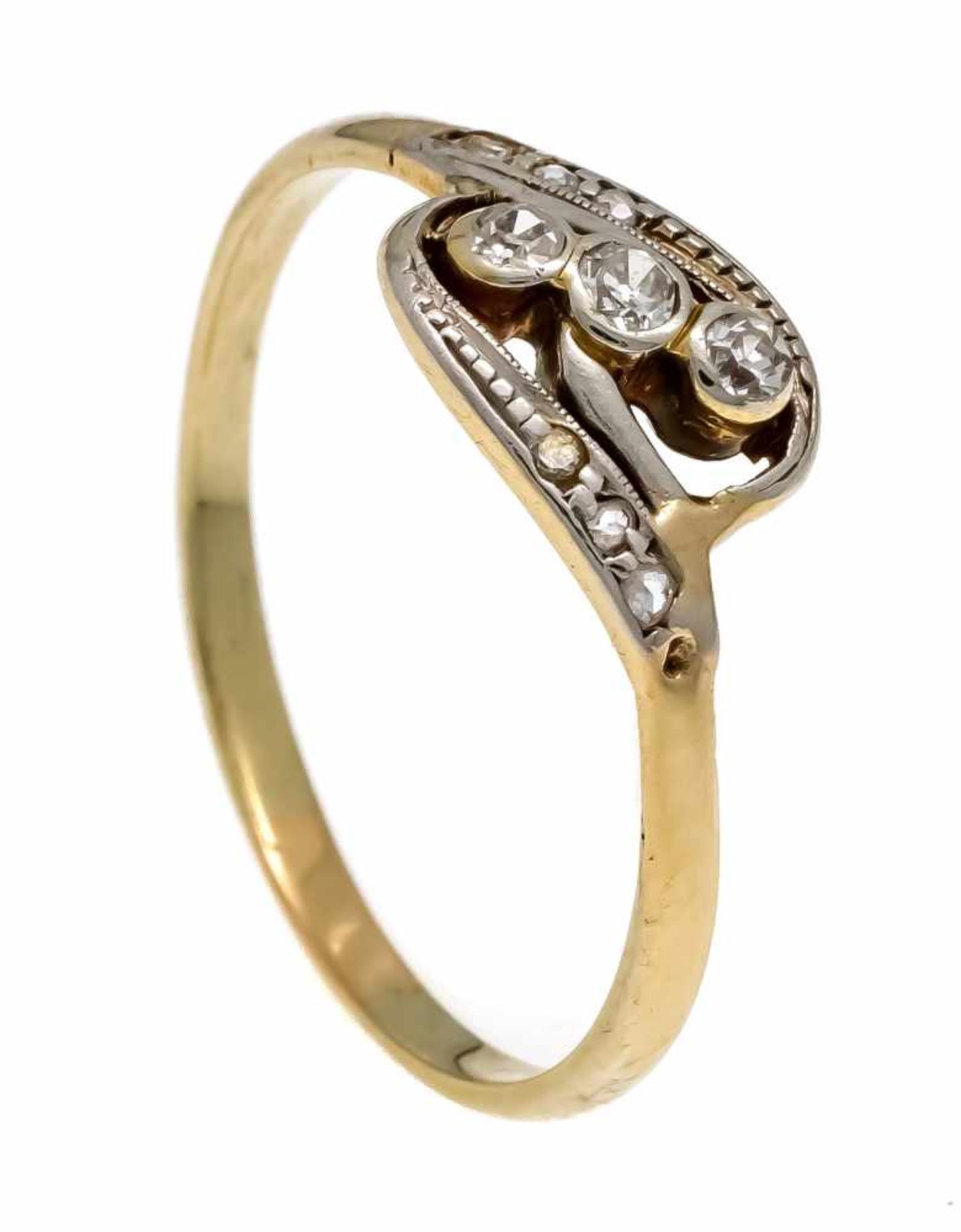 Art Déco Altschliff-Diamant-Ring GG/WG 475/000 ungest., gepr., mit 3 Altschliff-Diamanten, zus. 0,09