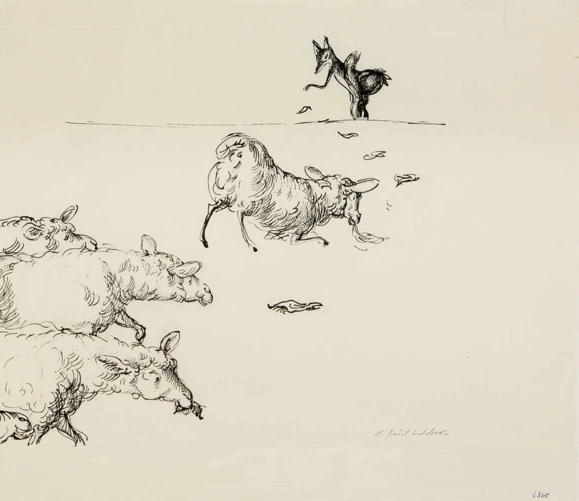 Andreas Paul Weber (1893-1980), der Fuchs legt Köder aus und die Schafe folgen,