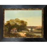 Anonymer Maler des 19. Jh., Landschaft mit HAus und Staffagefigur, Öl auf Lwd., unsign.,
