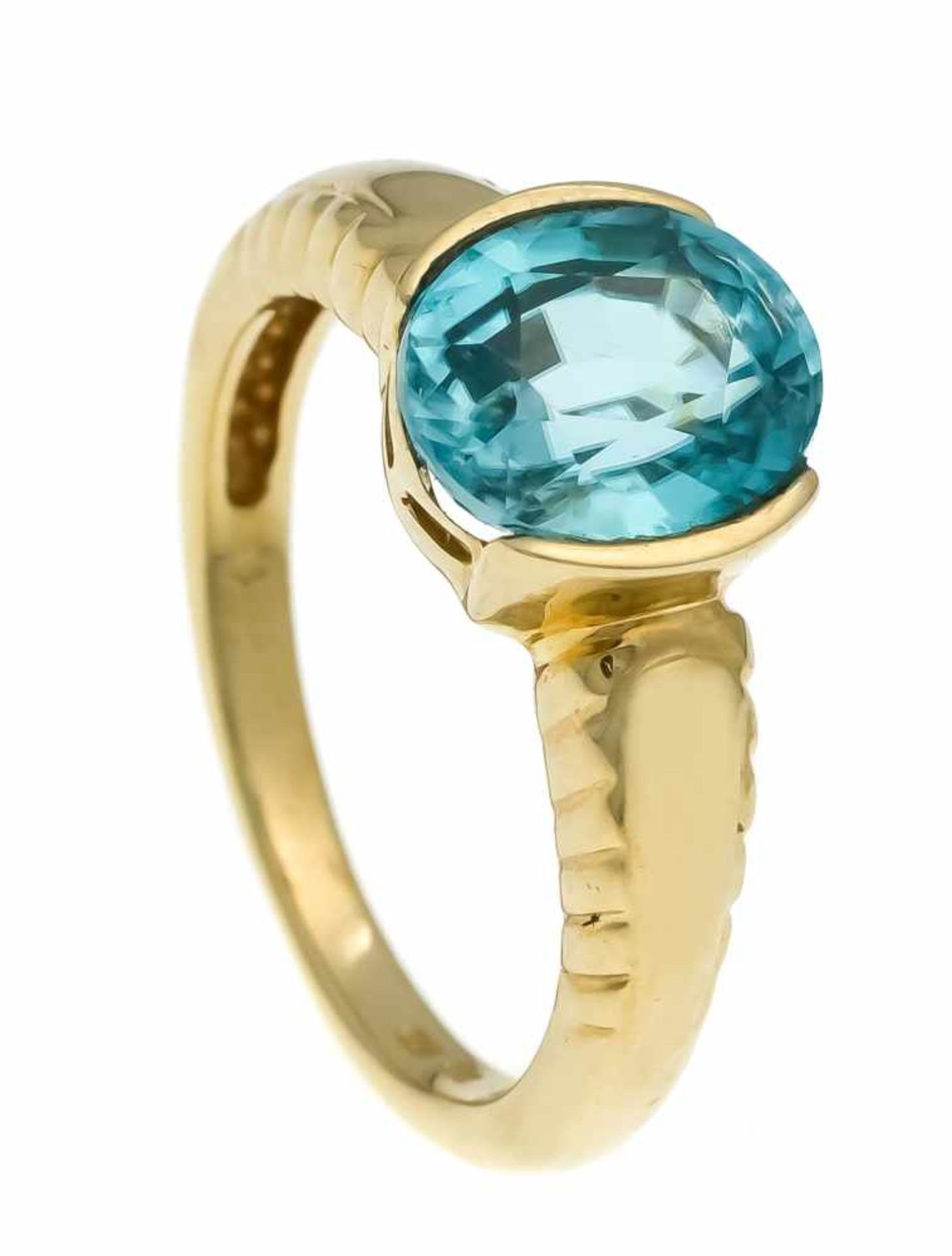 Zirkon-Ring GG 585/000 mit einem oval fac. blauen Zirkon 10,2 x 8,5 mm in guter Farbe und