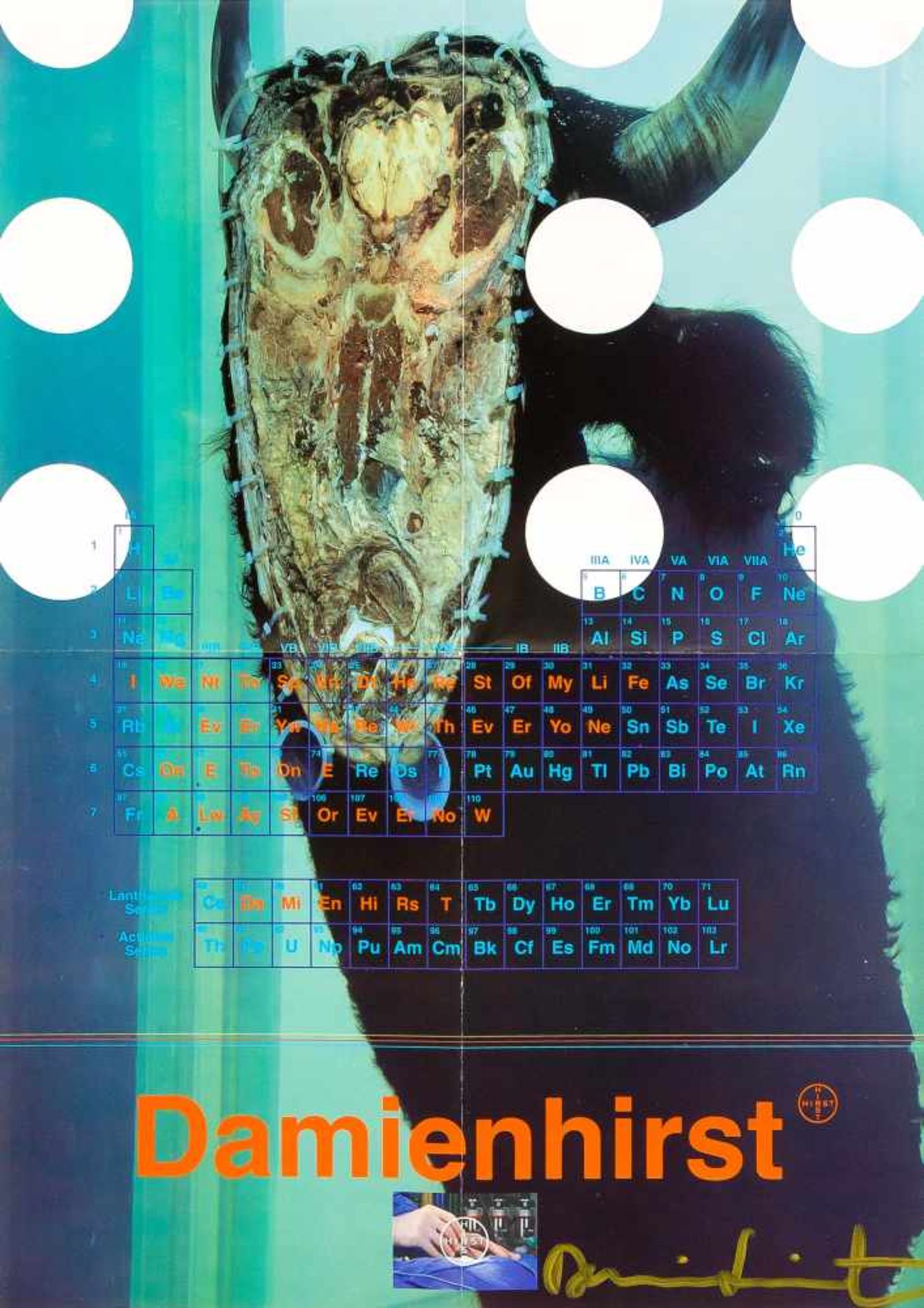 Damien Hirst (*1965), handsigniertes Poster mit Periodensystem und weißen Spots über präpariertem