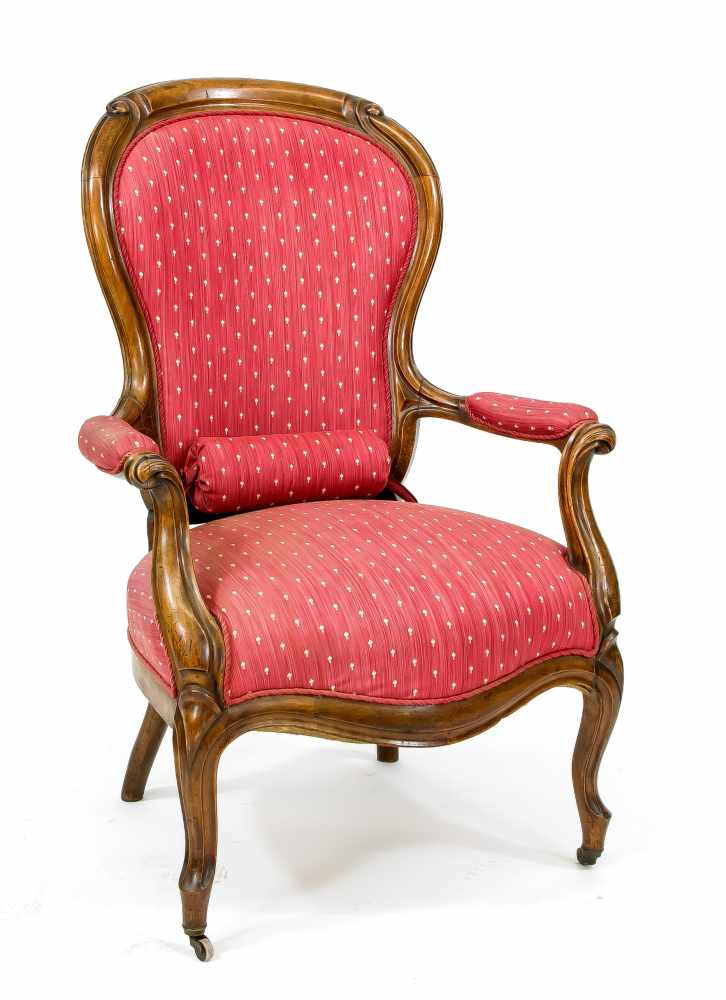 Armlehnsessel um 1860, Nussbaum massiv, geschweiftes Gestell, 101 x 66 x 64 cmArmchair around