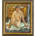 Gustaf Herbert Carlsson (1912-1991), schwedischer Maler, Interieur mit sitzendem, weiblichen Akt, Öl