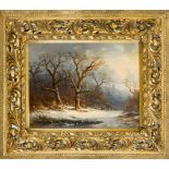 Cölestin Brügner (1824-1887), verschneite Winterlandschaft mit Holzsammlern und Blick auf einen