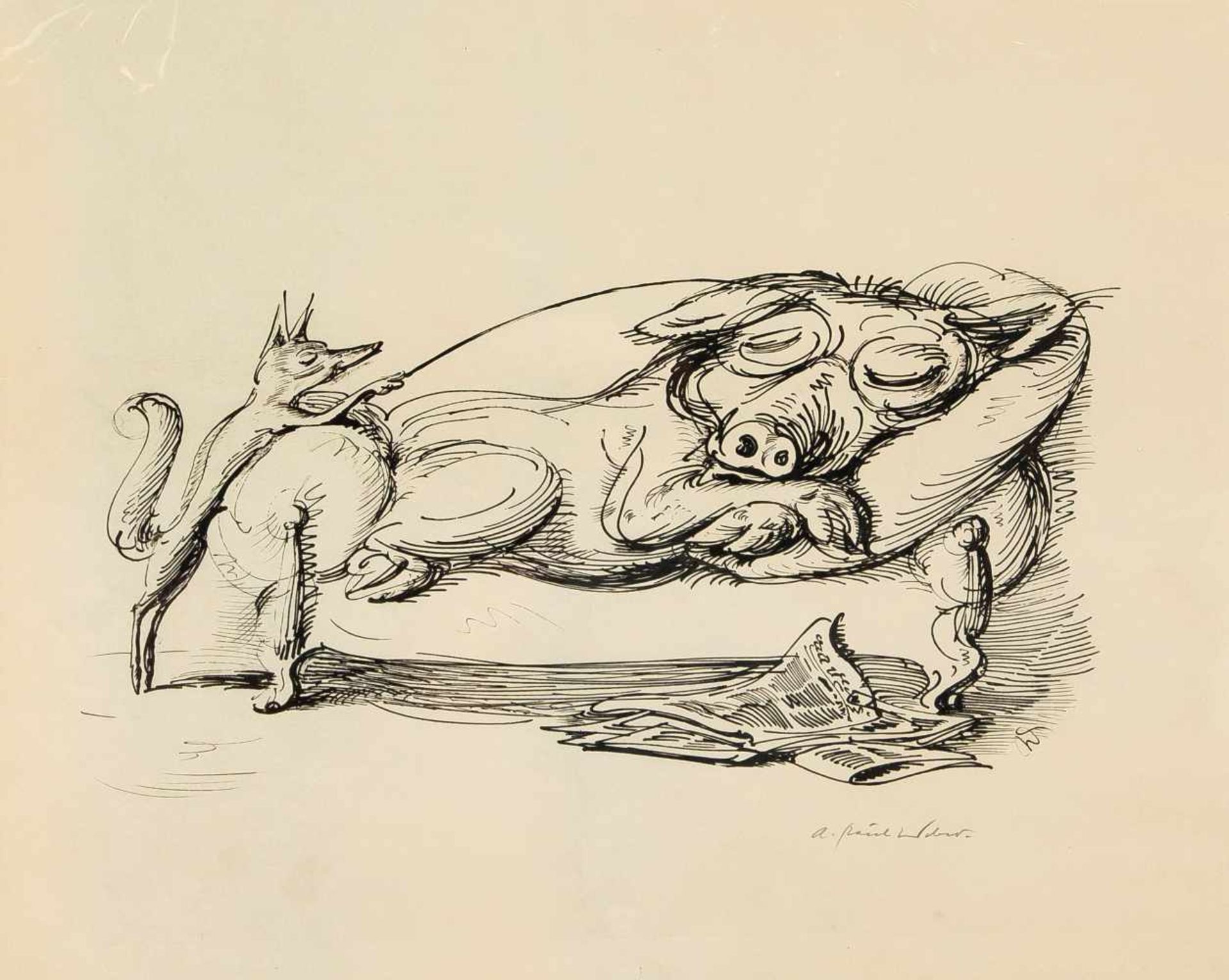 Andreas Paul Weber (1893-1980), ''Schabernack I (mit Schwein)'', Tuschfederzeichnung auf