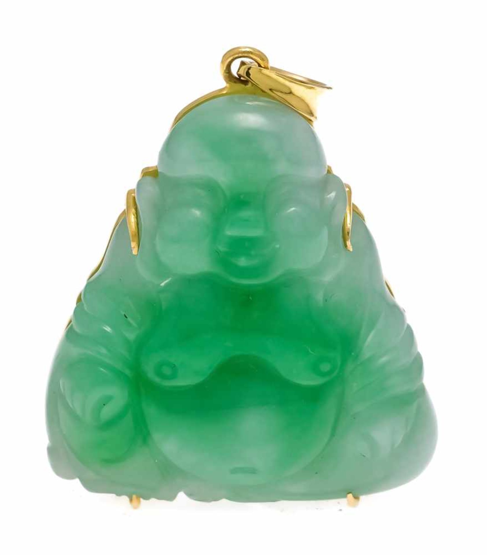 Jade-Anhänger GG 750/000 mit einem feingeschliffenen Jade-Buddha 30 x 27 mm, L. 39 mm, 12,8 gJade