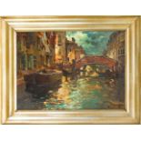 Felice Giordano (1880-1964), Blick in einen venezianischen Kanal mit Brücke, Öl/Lwd., u. re. sign.