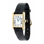 Cartier Tank silber vergoldet, Handaufzug, Krone mit blauem Stein, weißes Zifferblatt mit röm.