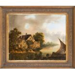 Anonymer Landschaftsmaler des 19. Jh., Haus am See mit Figurenstaffage, Öl auf Lwd., unsign.,