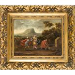 Flämischer Maler um 1700, Rebekka und Elieser am Brunnen, Öl auf Holztafel, verso alte