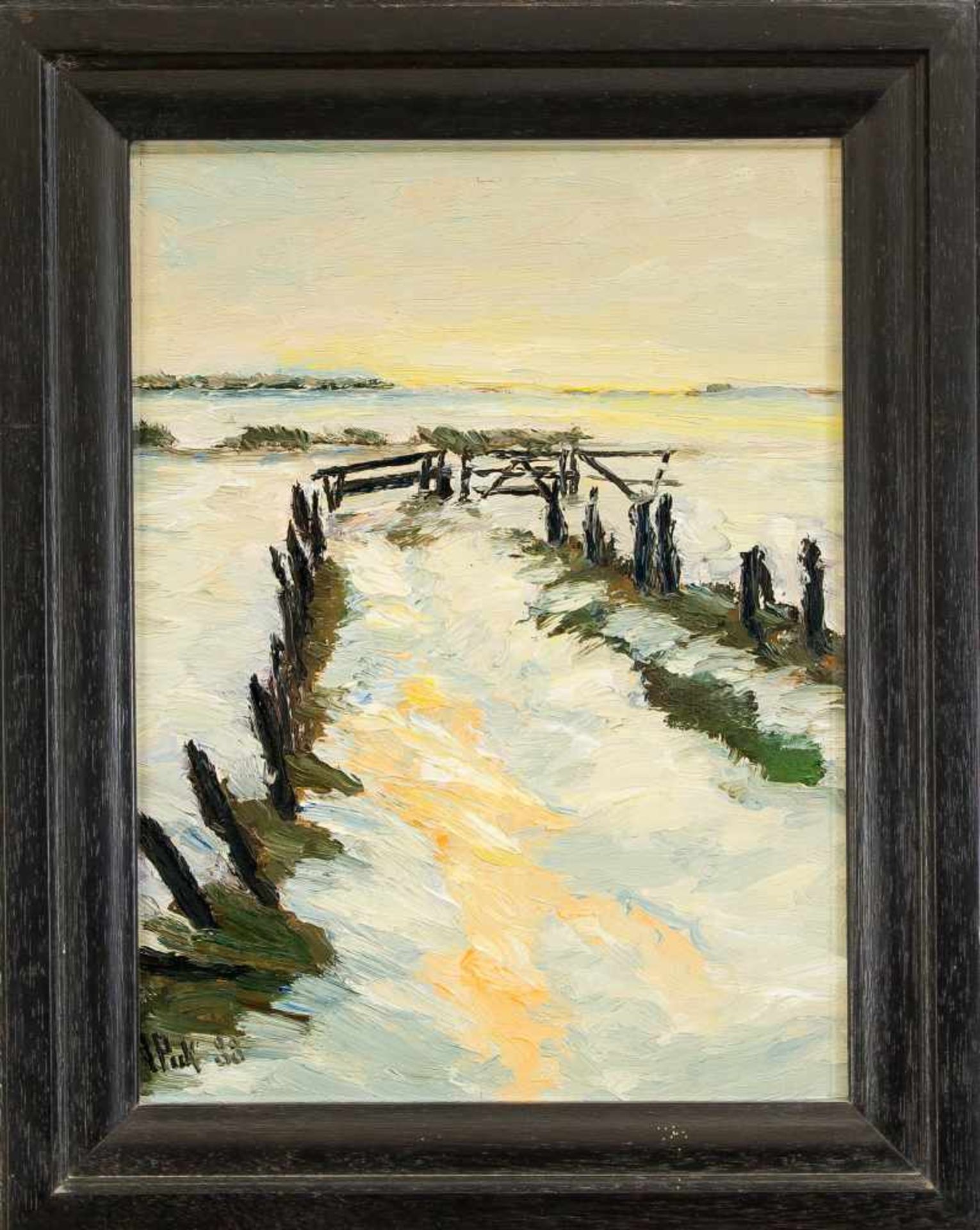 Hans Pick (1931-2014), Worpsweder Maler, verschneite Winterlandschaft mit Torfkanal, Öl auf
