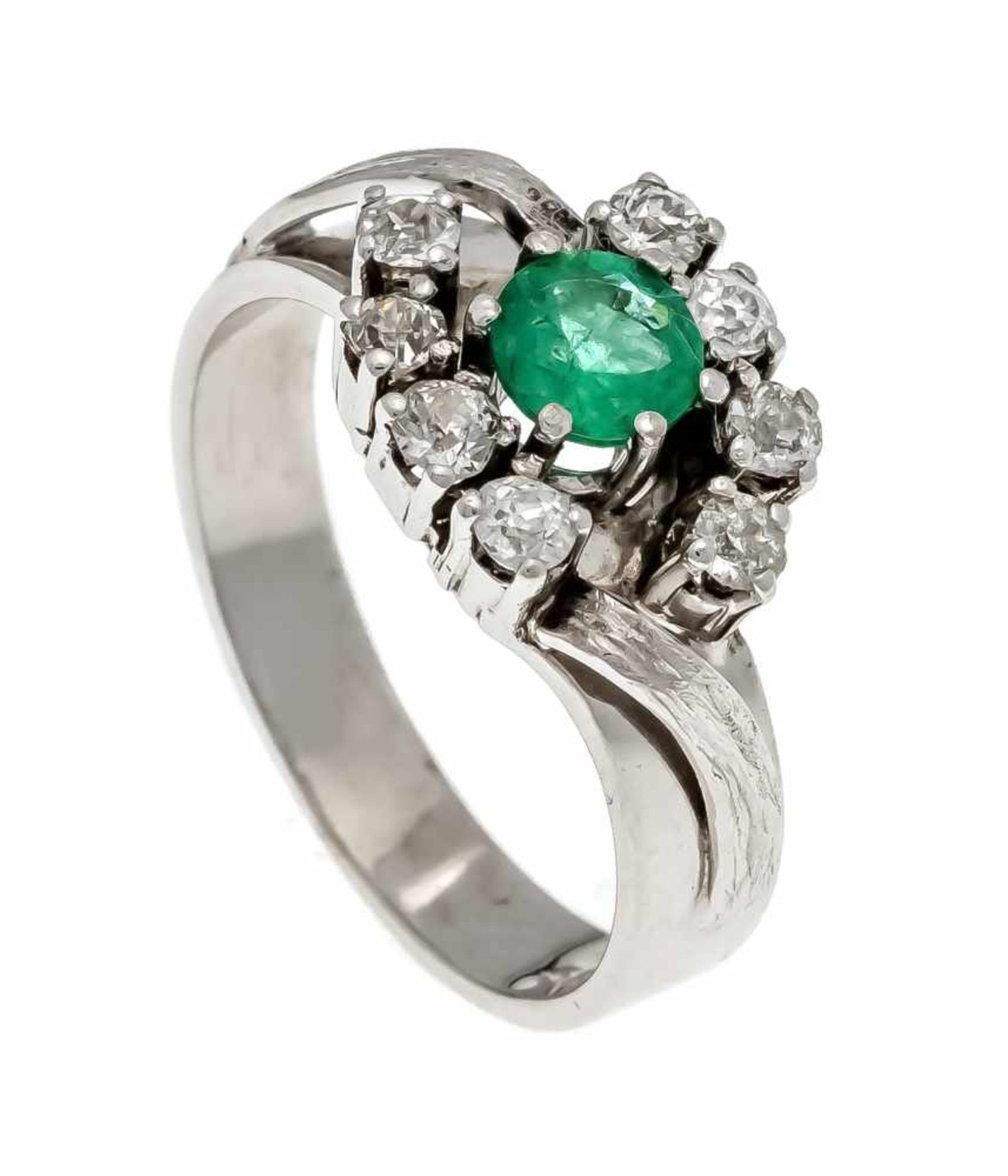 Smaragd-Altschliff-Diamant-Ring WG 585/000 mit einem rund fac. Smaragd 0,45 ct und 8 Altschliff-