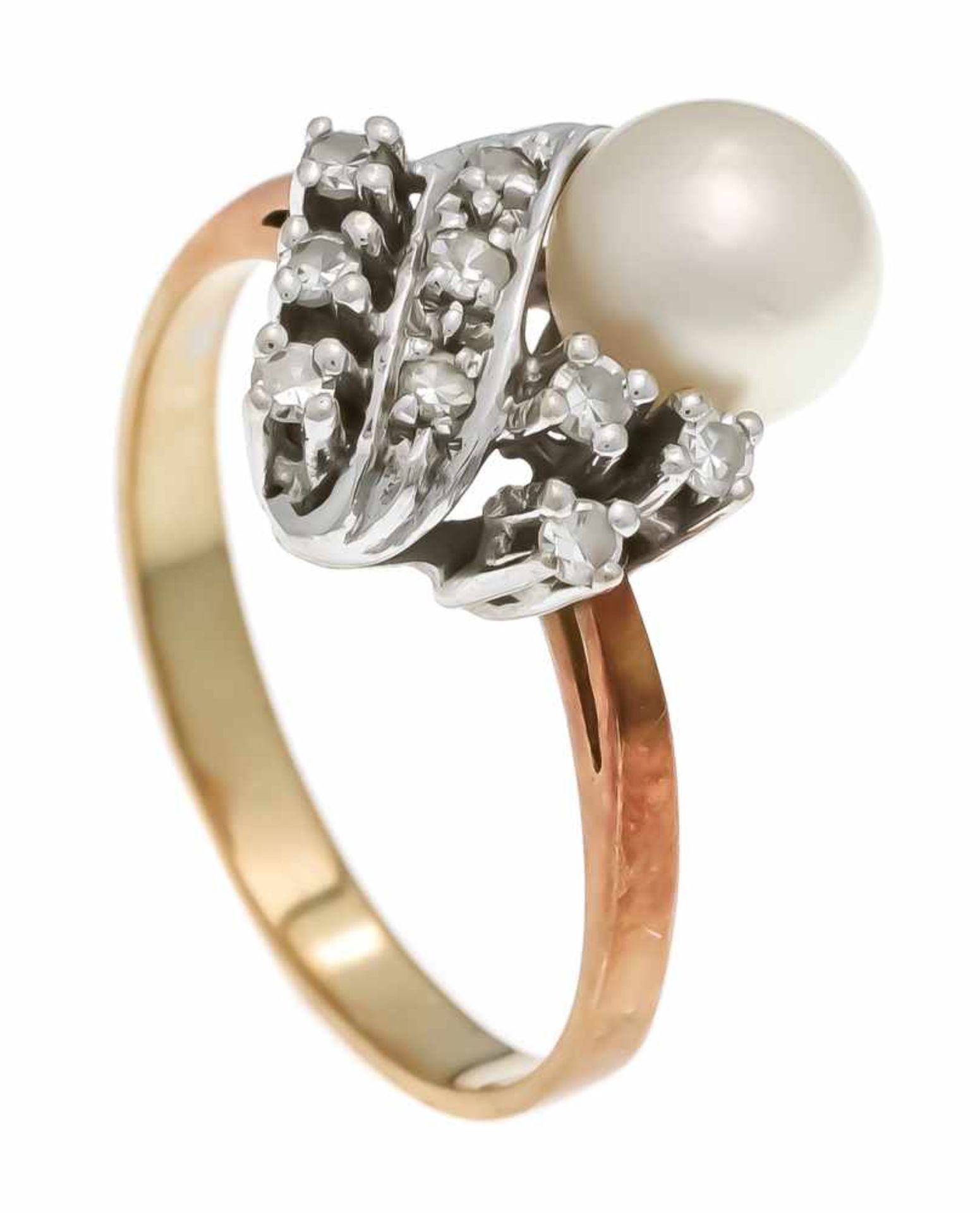 Akoya-Diamant-Ring GG/WG 585/000 mit cremeweißer Akoyaperle 7 mm und 9 Diamanten, zus. 0,09 ct W/SI,