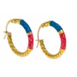 Creolen GG 750/000 mit türkiser und roter Emaille, L. 22,5 mm, 2,3 gHoop earrings GG 750/000 with