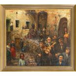 José Wolff (1885-1964), belgischer Maler, Volksfest mit Musikern auf einem Hinterhof, Öl auf Lwd.,