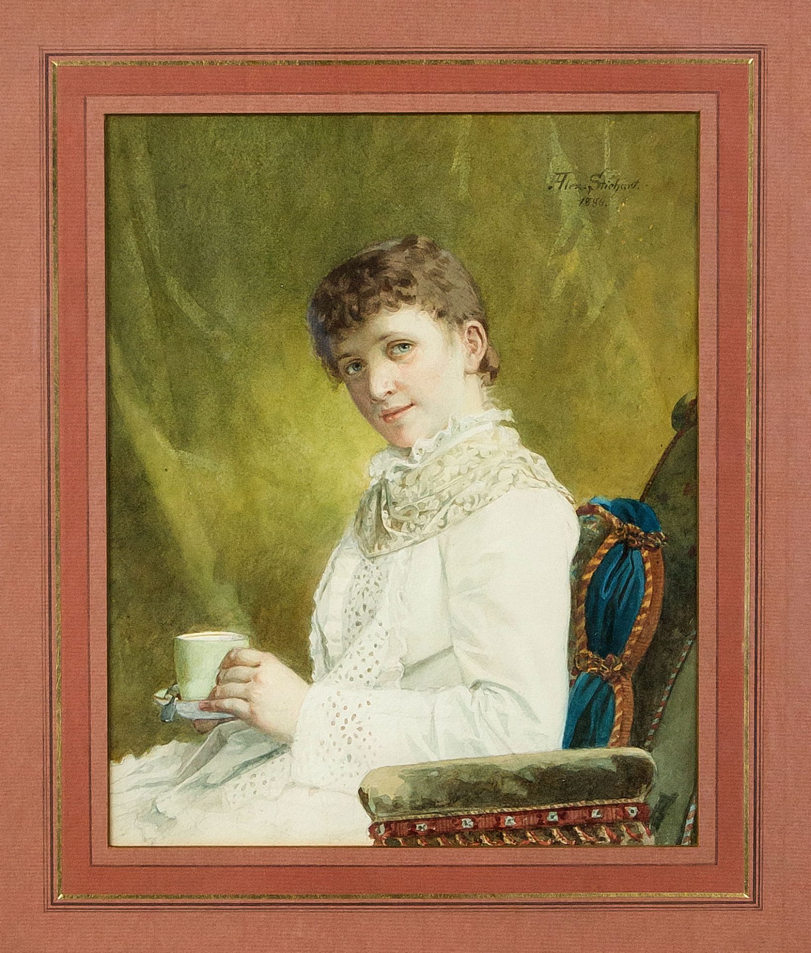 Alexander Otto Stichart (1838-1896), Portrait einer Frau im Lehnstuhl mit Kakaotasse, Aquarel