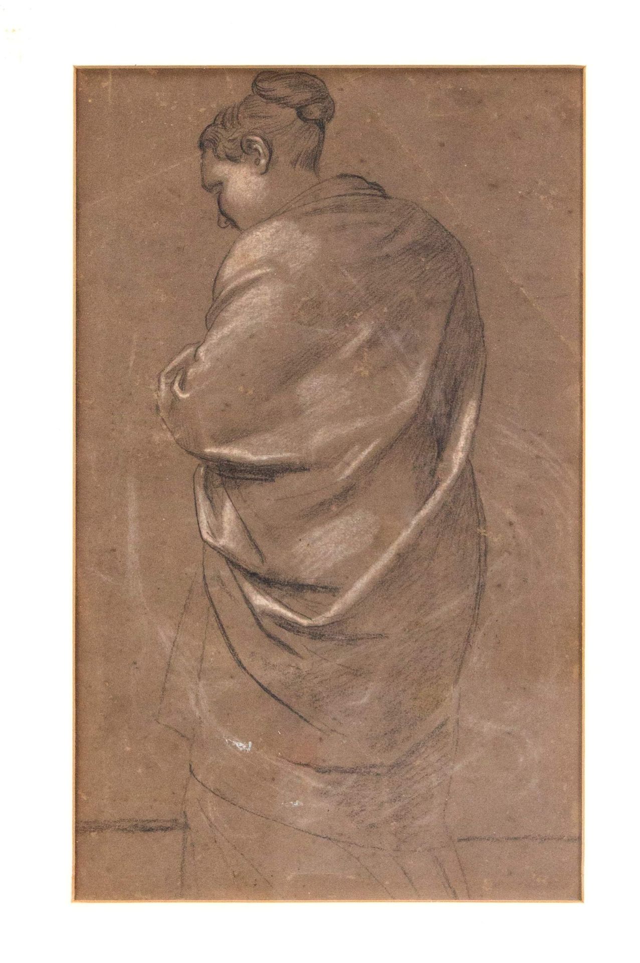 Anonymous artist of the 19th century, study of a back figure with a cloak, black and white