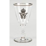 Weinglas, um 1900, Scheibenstand, Balusterschaft, konische Kuppa klares Glas mit Goldstaffage