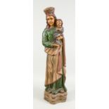 Große Heiligenfigur um 1900, bekrönte Madonna mit den Christusknaben im gotischen Stil, vol