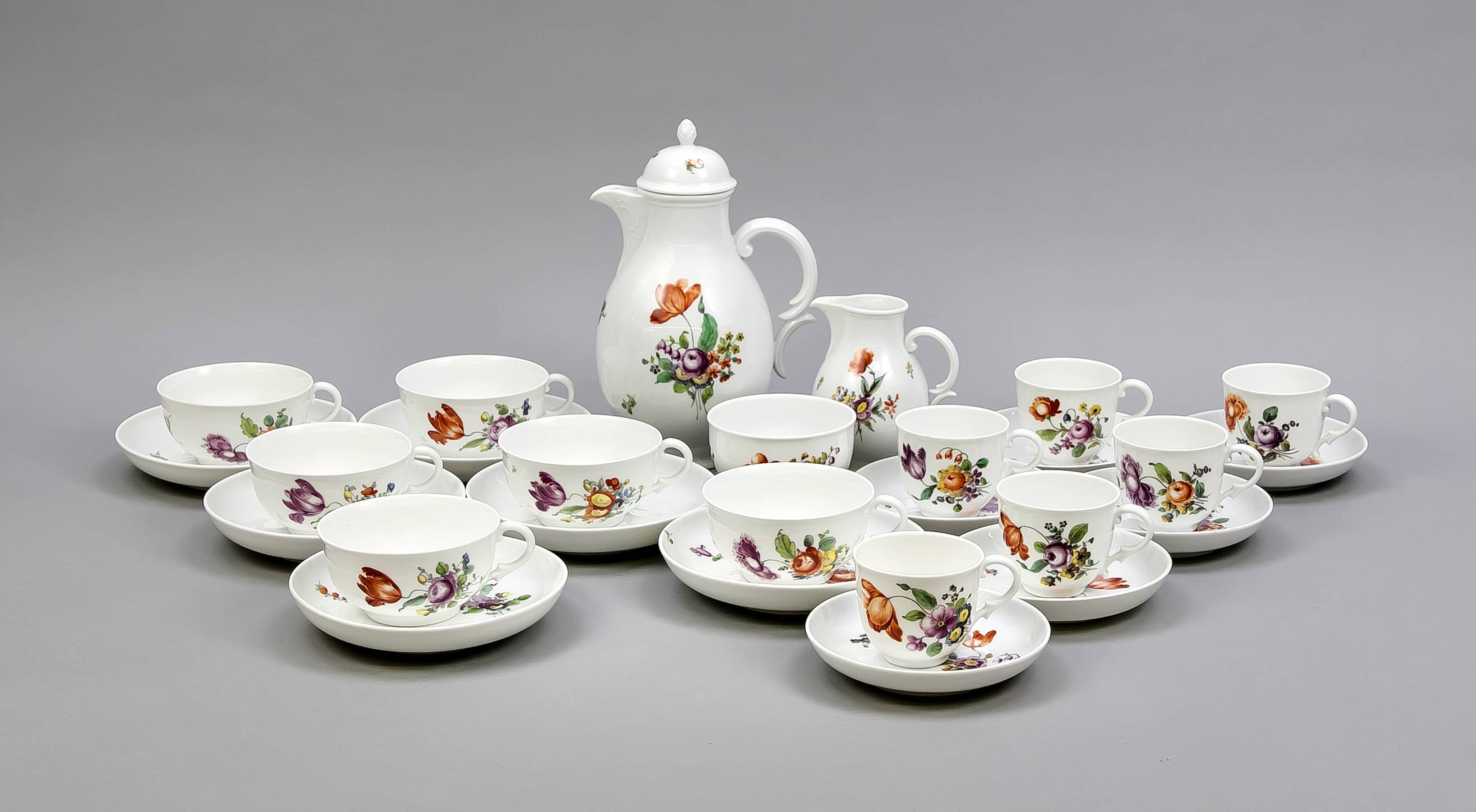 Coffee / tea set for 6 persons, 27 pcs., Nymphenburg, mark 1925-75, polychromatic flower