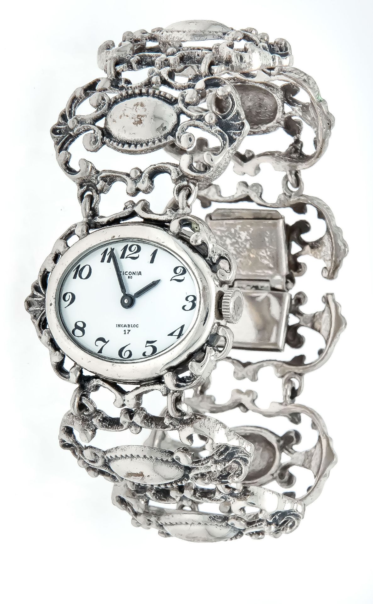 Trachtenuhr Silber 835/000 Ciconia, Handaufzug, Uhrwerk läuft, weißes Zifferblatt mit arab.