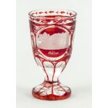 Andenkenglas, um 1900, runder Stand, glockenförmige Kuppa, klares Glas, tlw. rot geätzt, mi