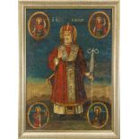 Großes orthodoxes Heiligenbild um 1800, der heilige Nikolaus mit vier Heiligen in Eckmedaill