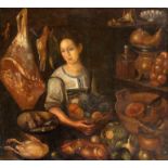 Niederländischer Maler Mitte 17. Jh., große Darstellung eines Marktstandes. Umgeben von ihr