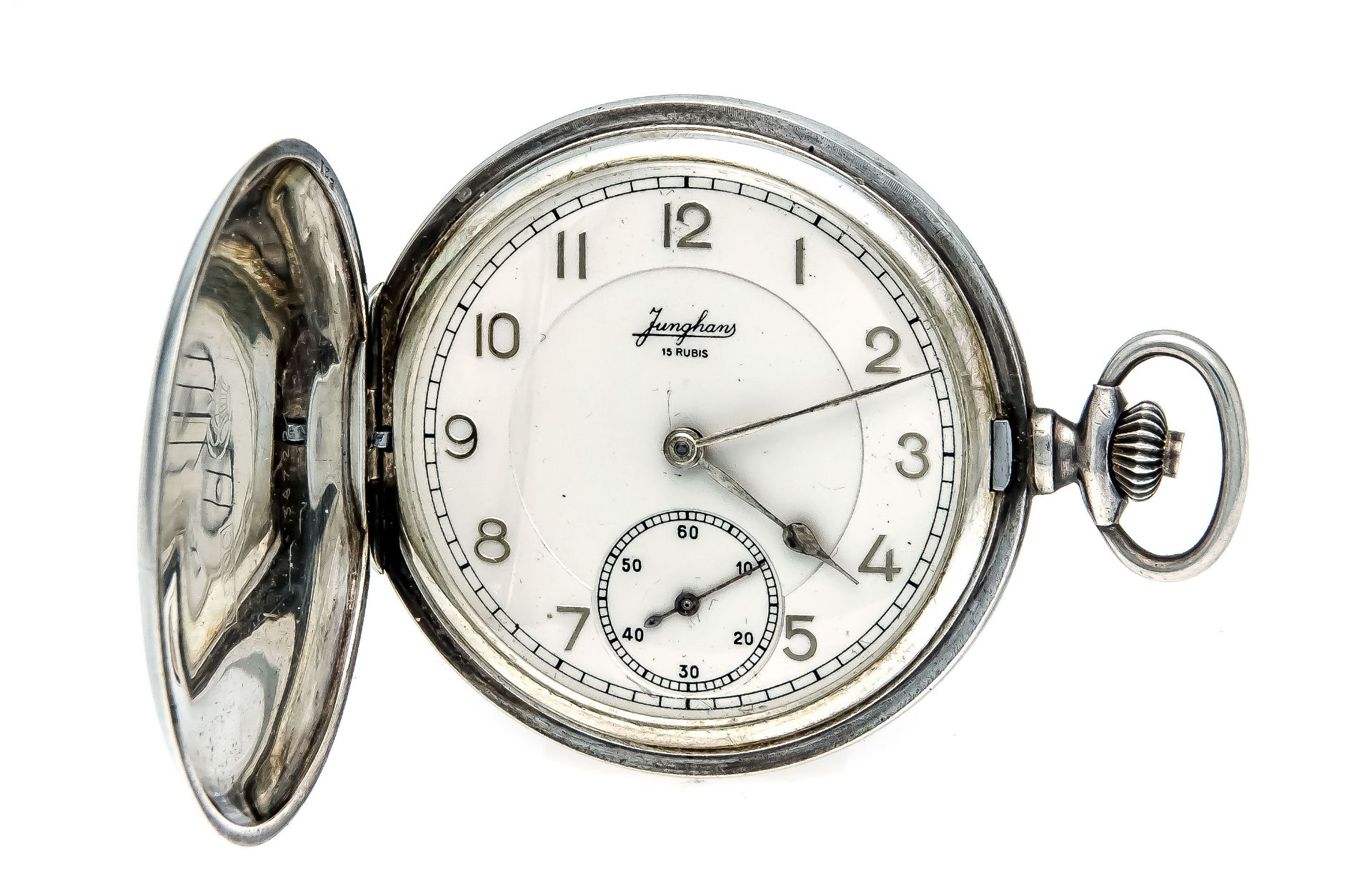 Junghans Sprungdeckel Taschenuhr, Silber 900/00, versilbertes Zifferblatt mit arab. Ziffern,