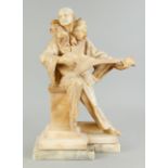 Currini, ital. Bildhauer um 1900, sitzender Pierrot mit Laute, Alabaster, seitlich am Postame