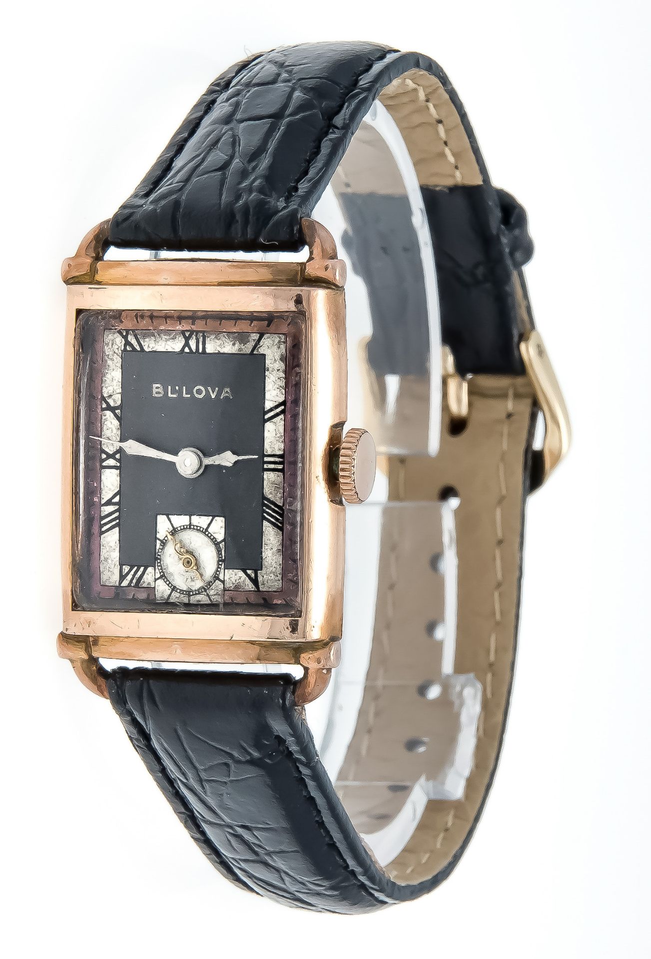 Bulova Herrenuhr Handaufzug um 1940, Gehäuse 14k rosegold filled, Kal. 7AP, Uhrwerk läuft a