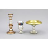 Three pieces glass, 19th century, candlestick, foot cup and foot bowl, partly gilded, 1