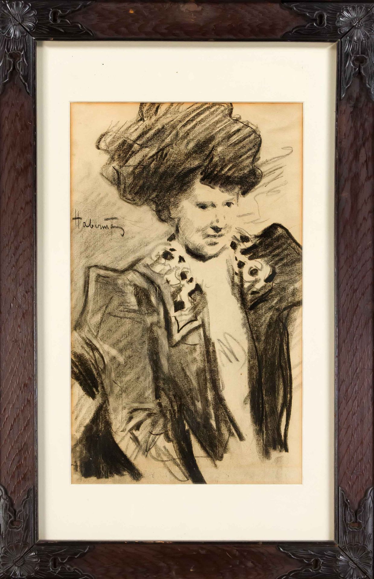 Hugo von Habermann (1849-1929), half-length figure of a lady with a hat, charcoal drawing