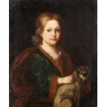 Portrait painter around 1700, portrait of an aristocratic girl with a lap dog (pug?), Oil