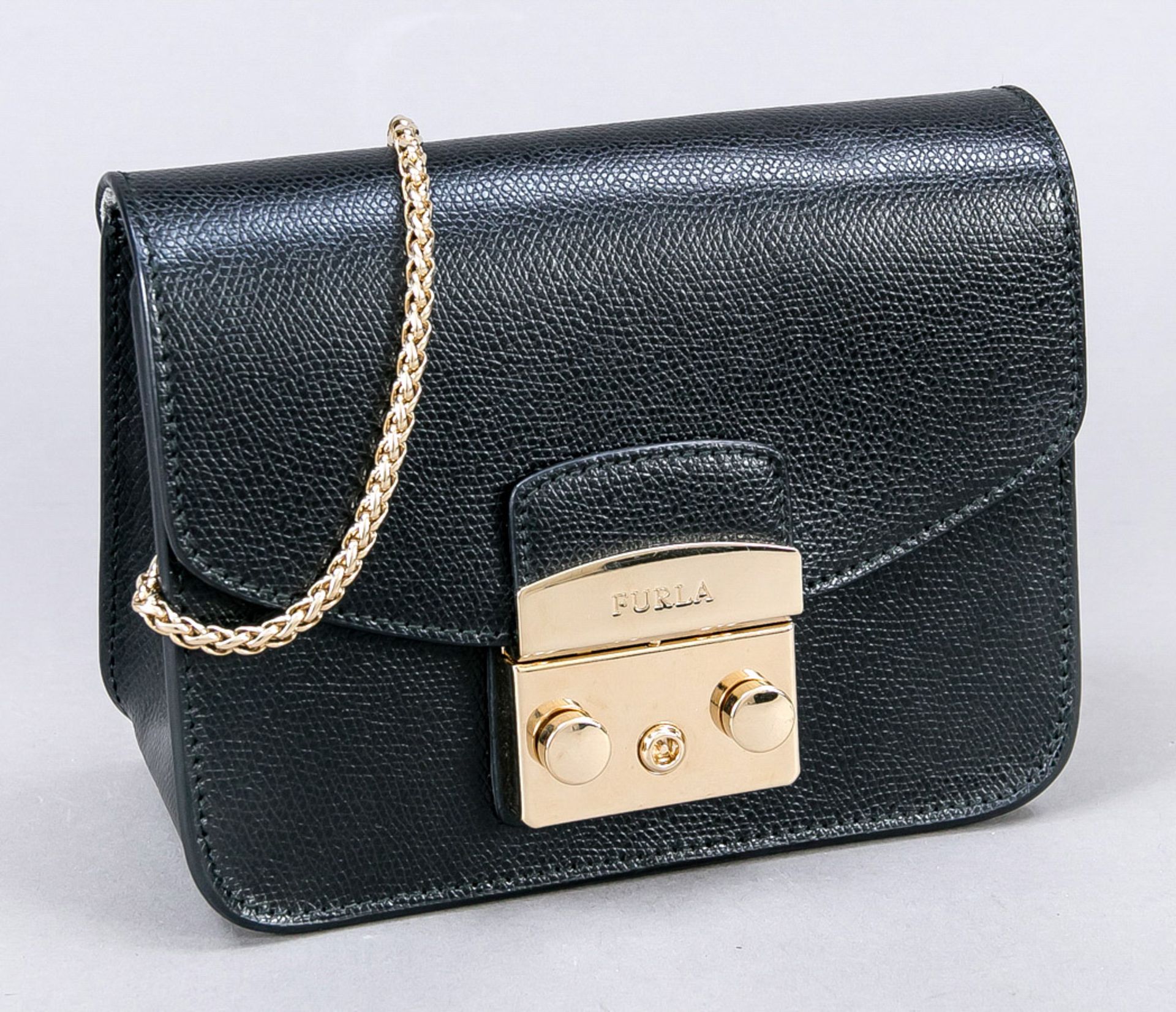 Furla, kleine Abendtasche/Crossbody Bag, schwarzes strukturiertes Leder, goldfarbene Hardware,