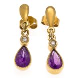 Amethyst-Brillant-Ohrstecker GG 585/000 mit 2 fac. Amethysttropfen 7 x 5 mm und 2 Brillanten, zus.