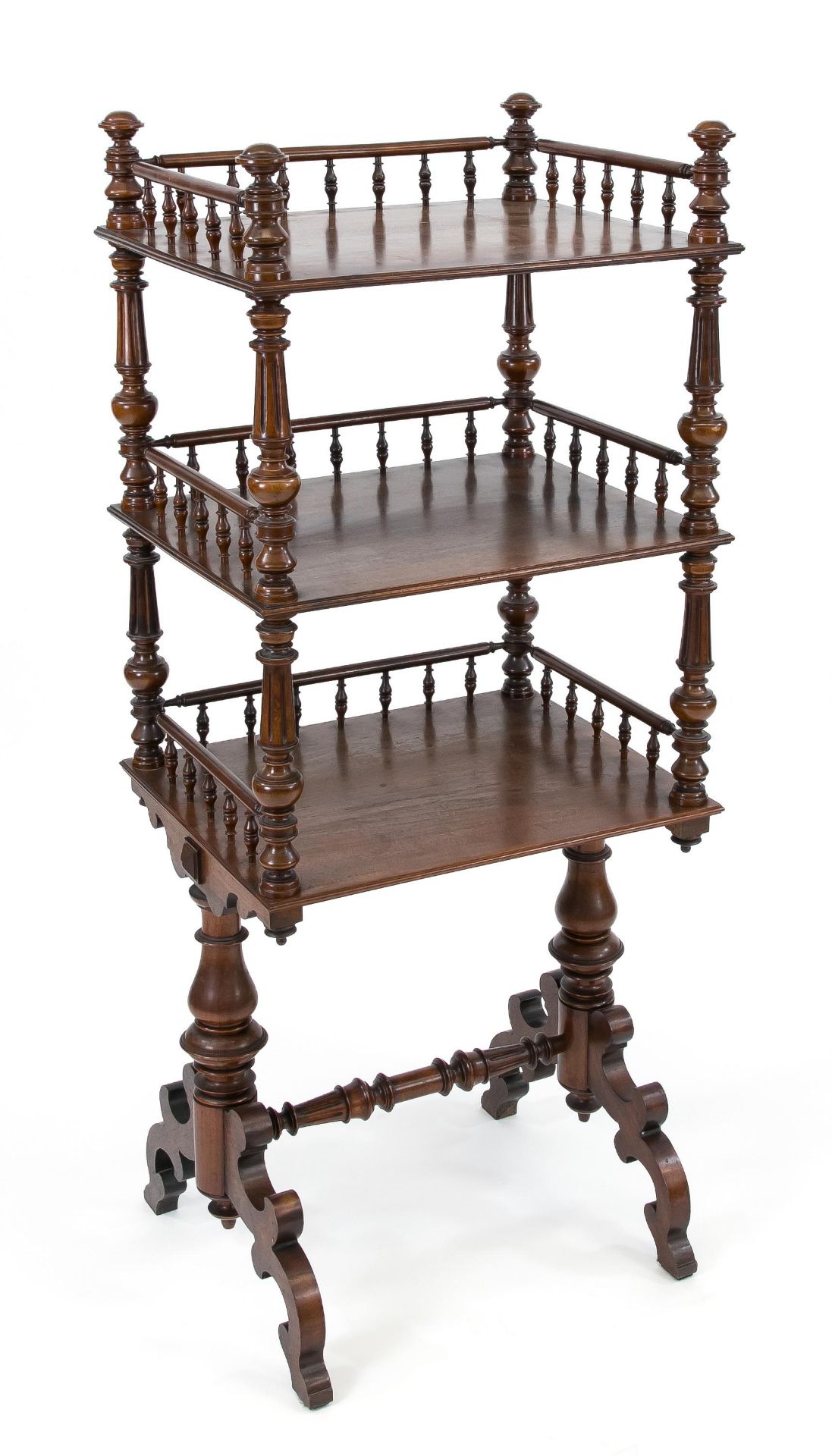 Gründerzeit-Etagere um 1880, Nussbaum massiv, zeittypisches Drechselwerk, 114 x 51 x 41 cm