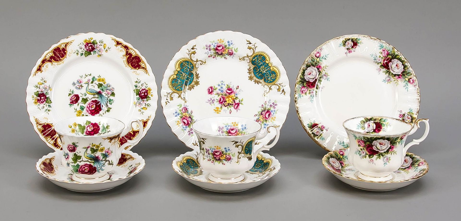 Drei Gedecke, Royal Albert, Bone China, England, Ende 20. Jh., polychrome Dekore Berkeley,