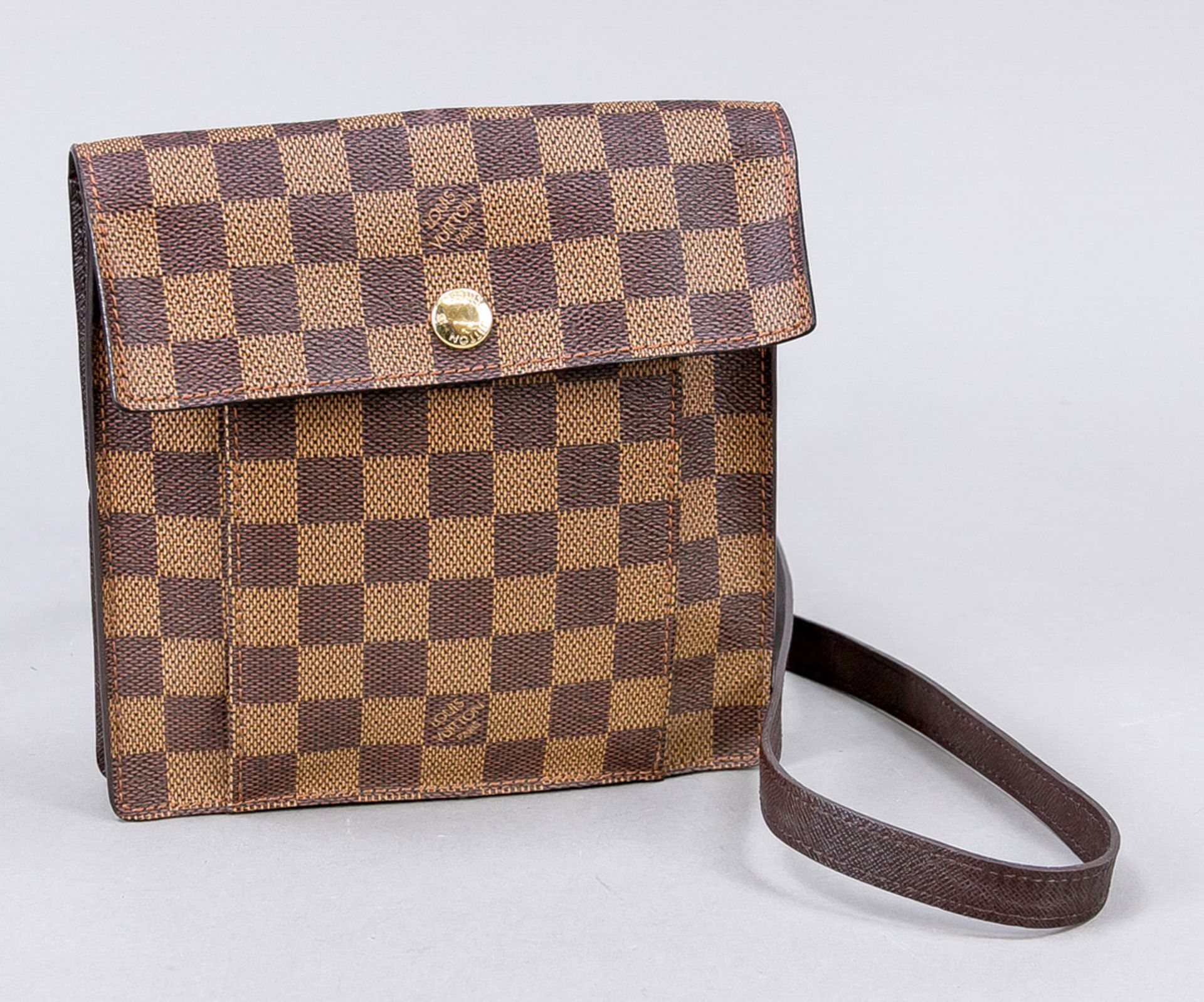 Louis Vuitton, Small Damier Ebene Canvas Crossbody Bag, braunkariertes gummiertes Baumwollgewebe mit