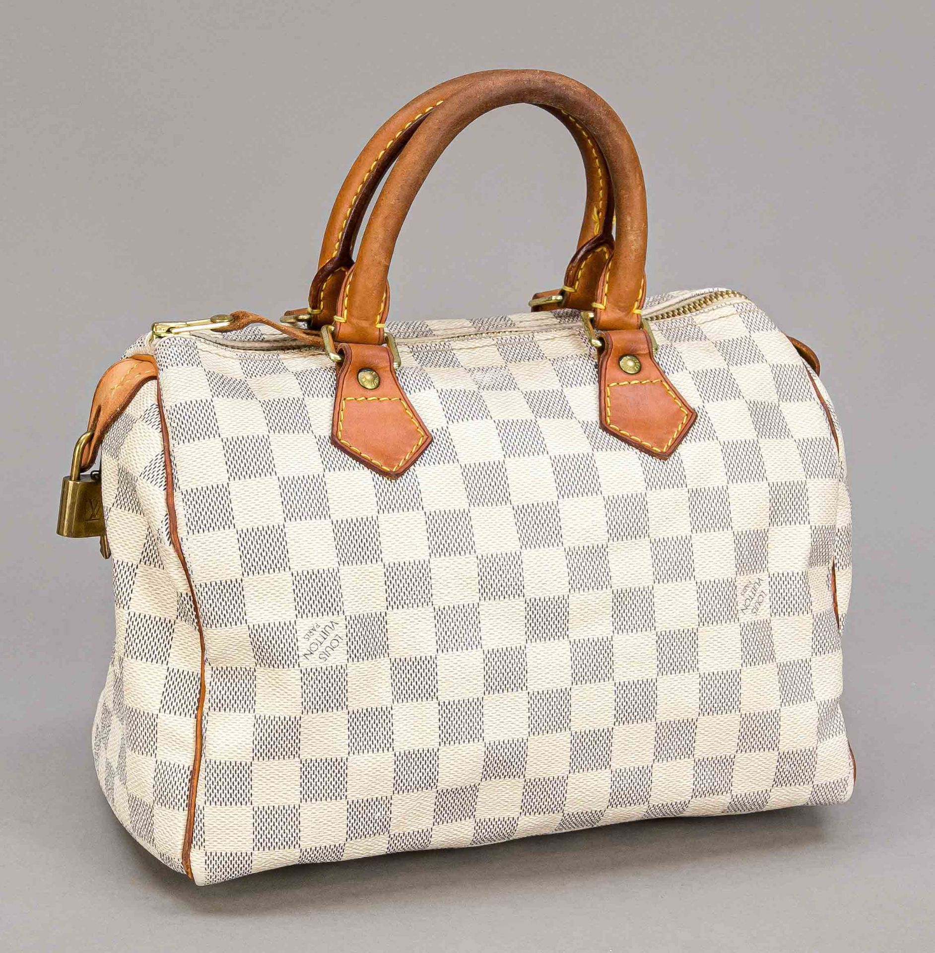 Louis Vuitton, Speedy 25 Damier, cremeweiß und blau kariertes gummiertes Baumwollgewebe mit