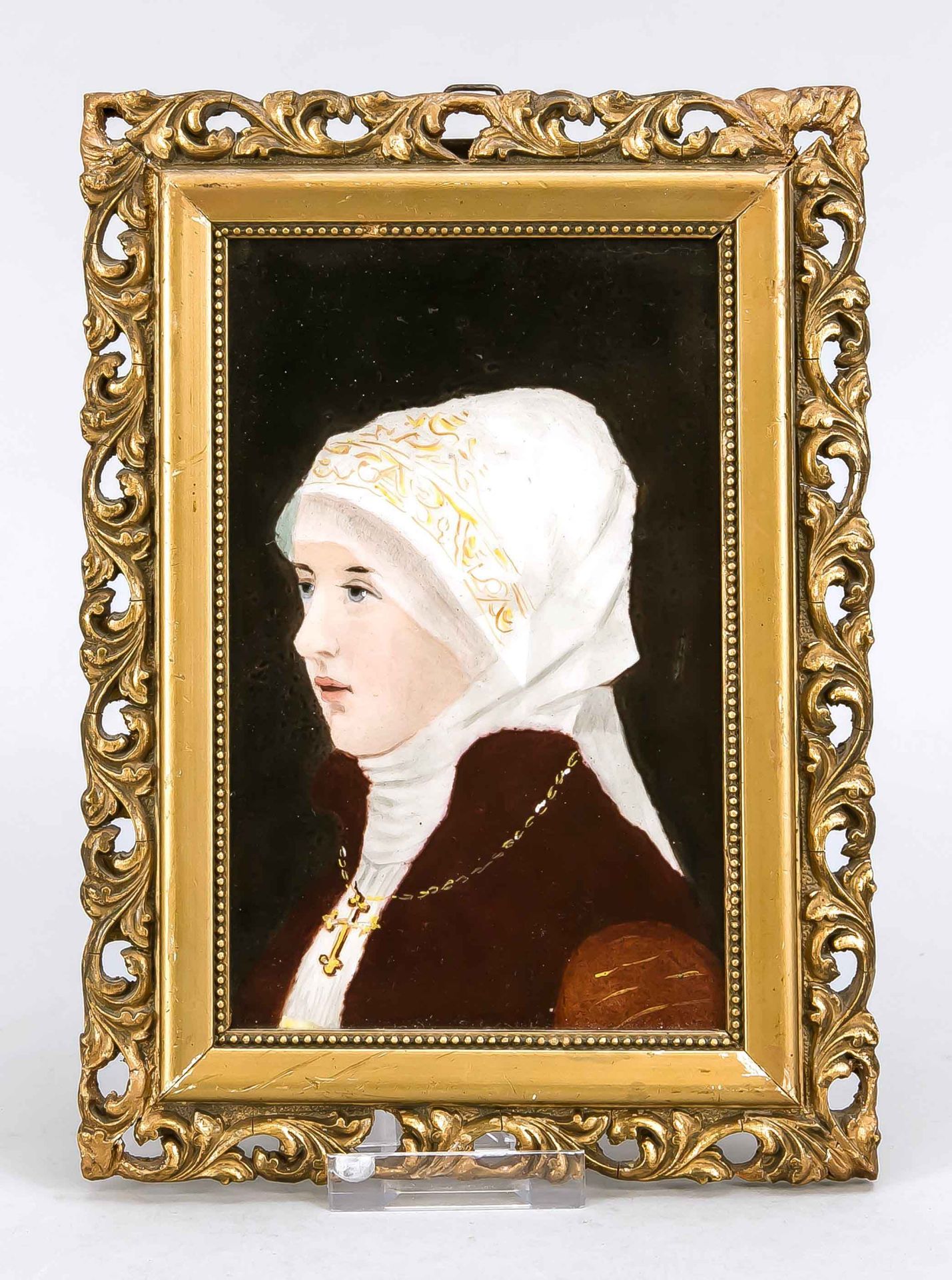 Bildplatte, KPM, Portrait eines Mädchens mit Kopftuch und Kreuzmedaillon, verso sign. u. dat., C.