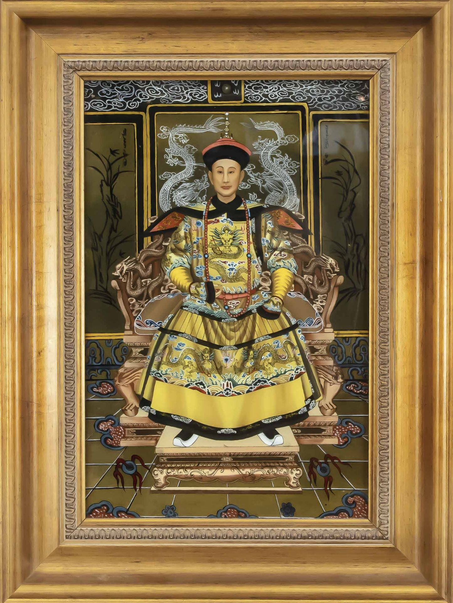 Pair of reverse glass paintings, China, 20th century, Emperor and Empress. Each in profiled and gold