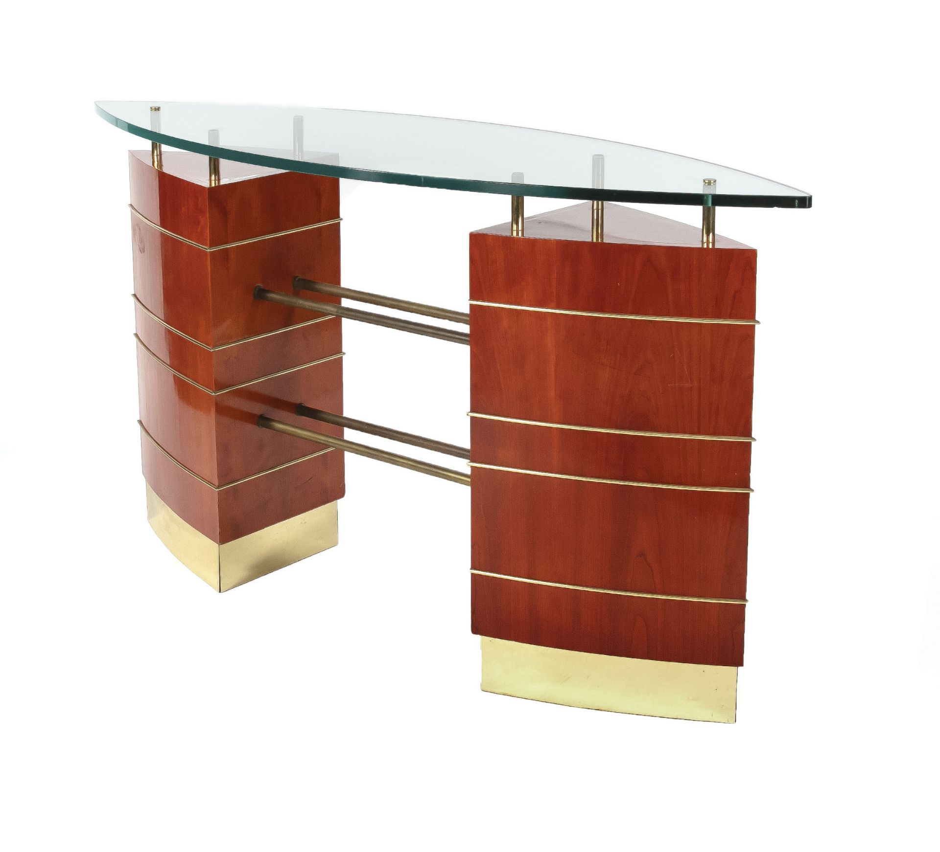 Designer desk, 2nd h. 20th c., probably cherry veneered, elliptical glass top (minimally damaged), - Image 2 of 2