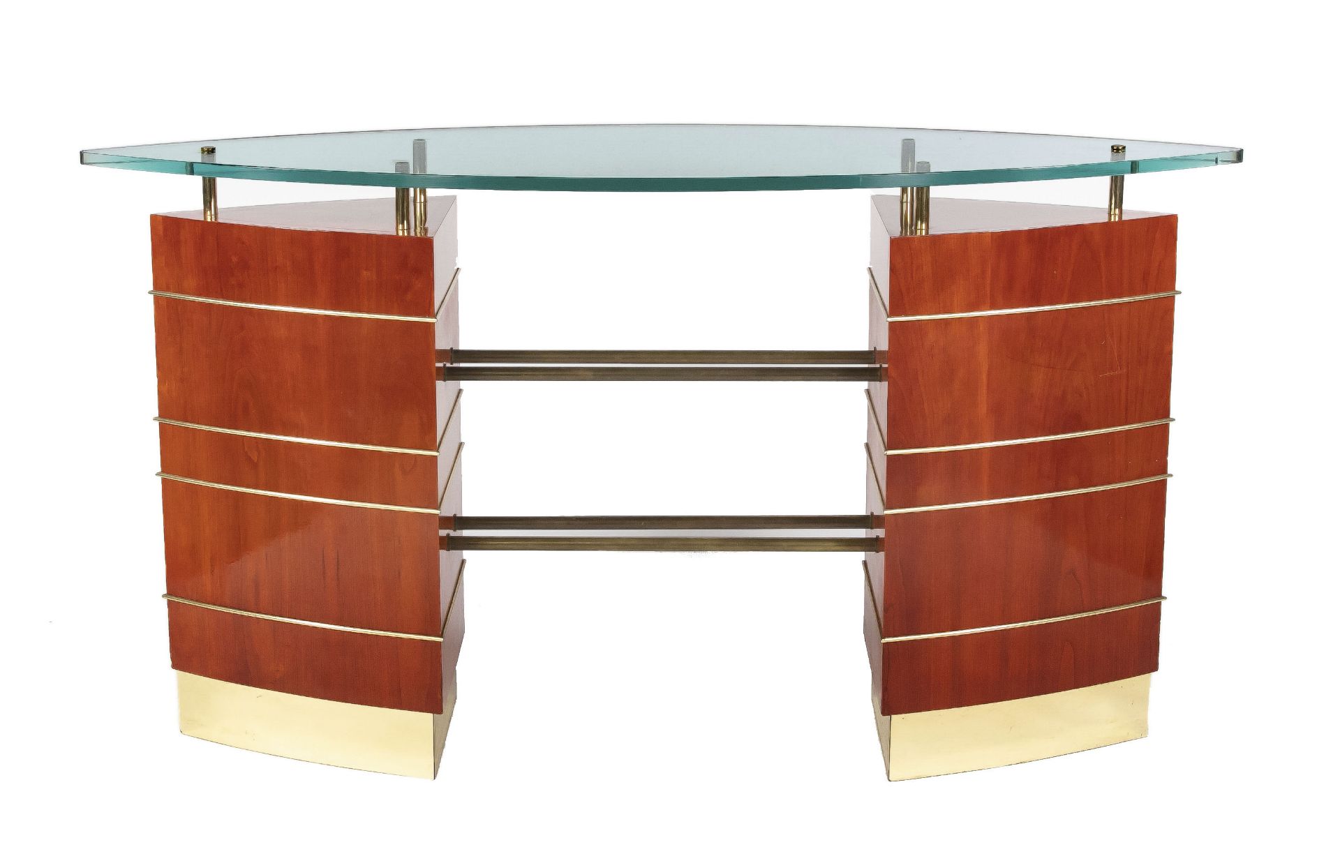 Designer desk, 2nd h. 20th c., probably cherry veneered, elliptical glass top (minimally damaged),