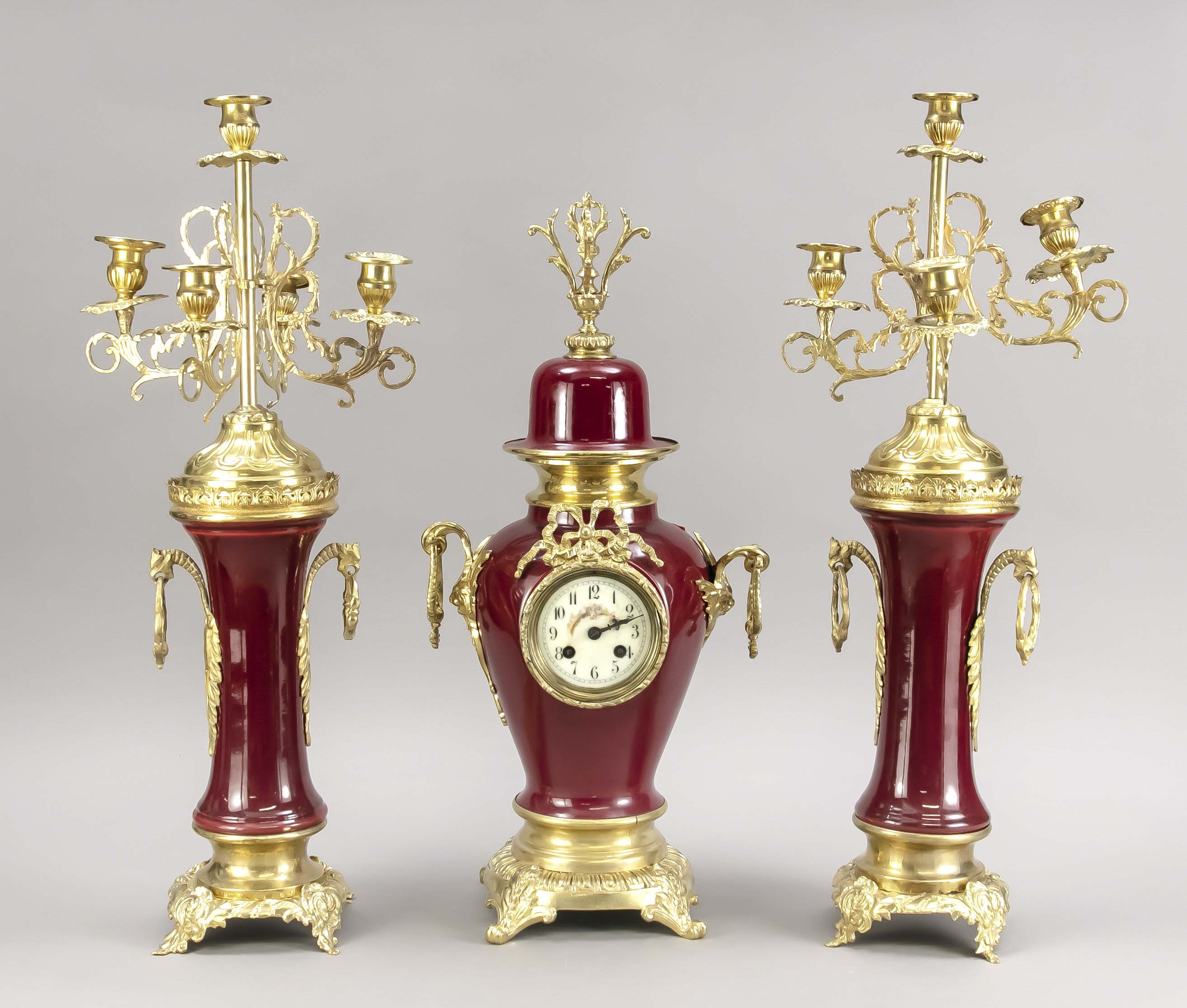 Porcelain pendulum, 2nd half of the 19th century, wine-red background, with corresponding urns,