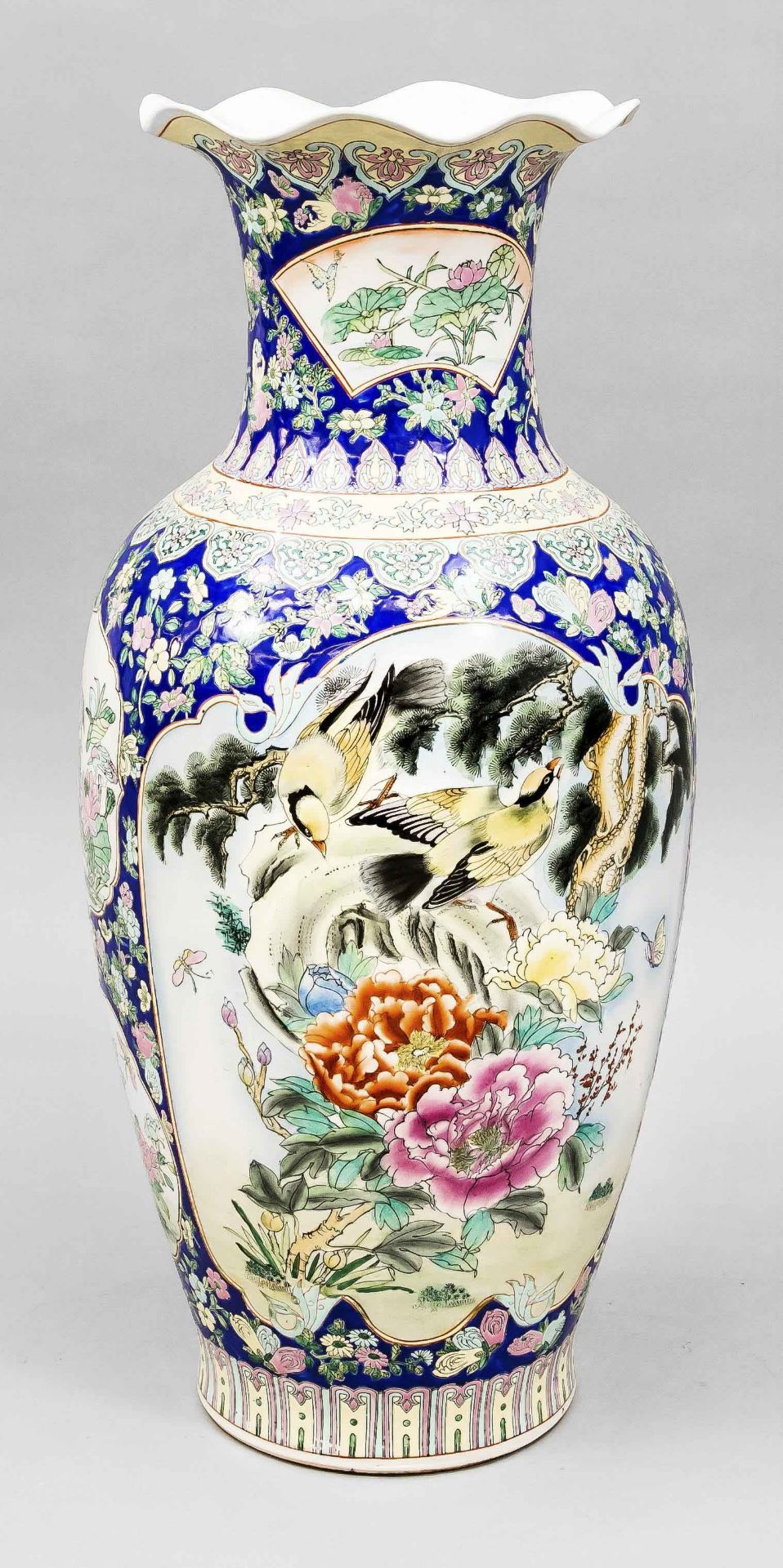 Famille rose floor vase, China, 20th c. Body divided into two large and four smaller cartouches with